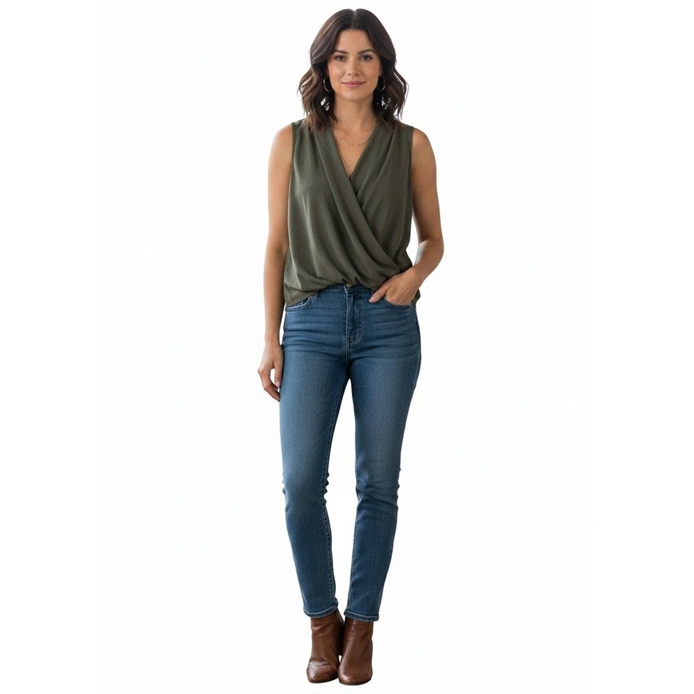 Ann Taylor Loft Womens LP Olive Green Surplice Sleeveless Blouse Wrap Top